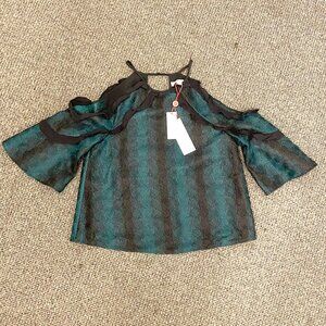 NWT! RED CARTER Anthropologie Cold Shoulder Lace Top / Black, Green / Size XS